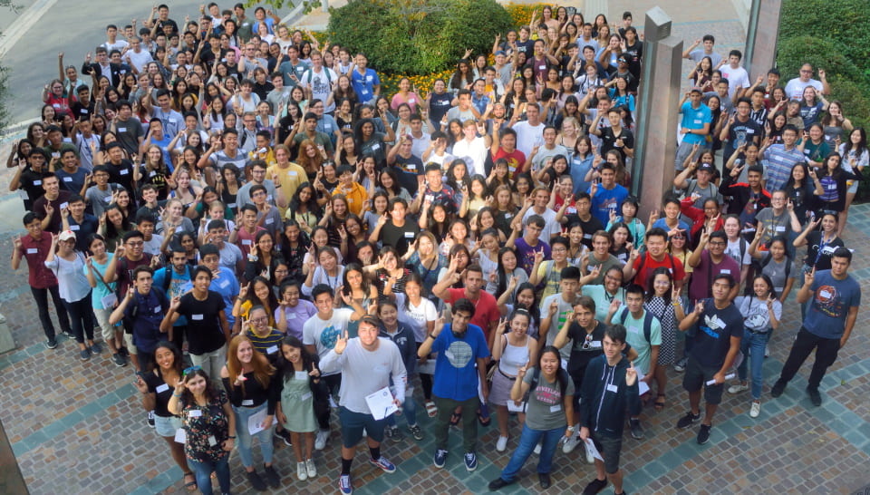 Aerial shot of a group of CHC students